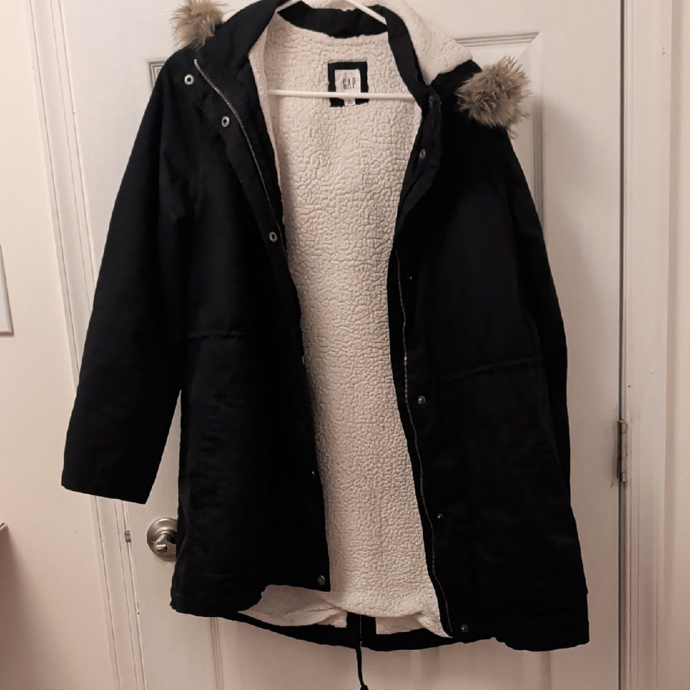 GAP Black Coat with Faux Fur Trim
